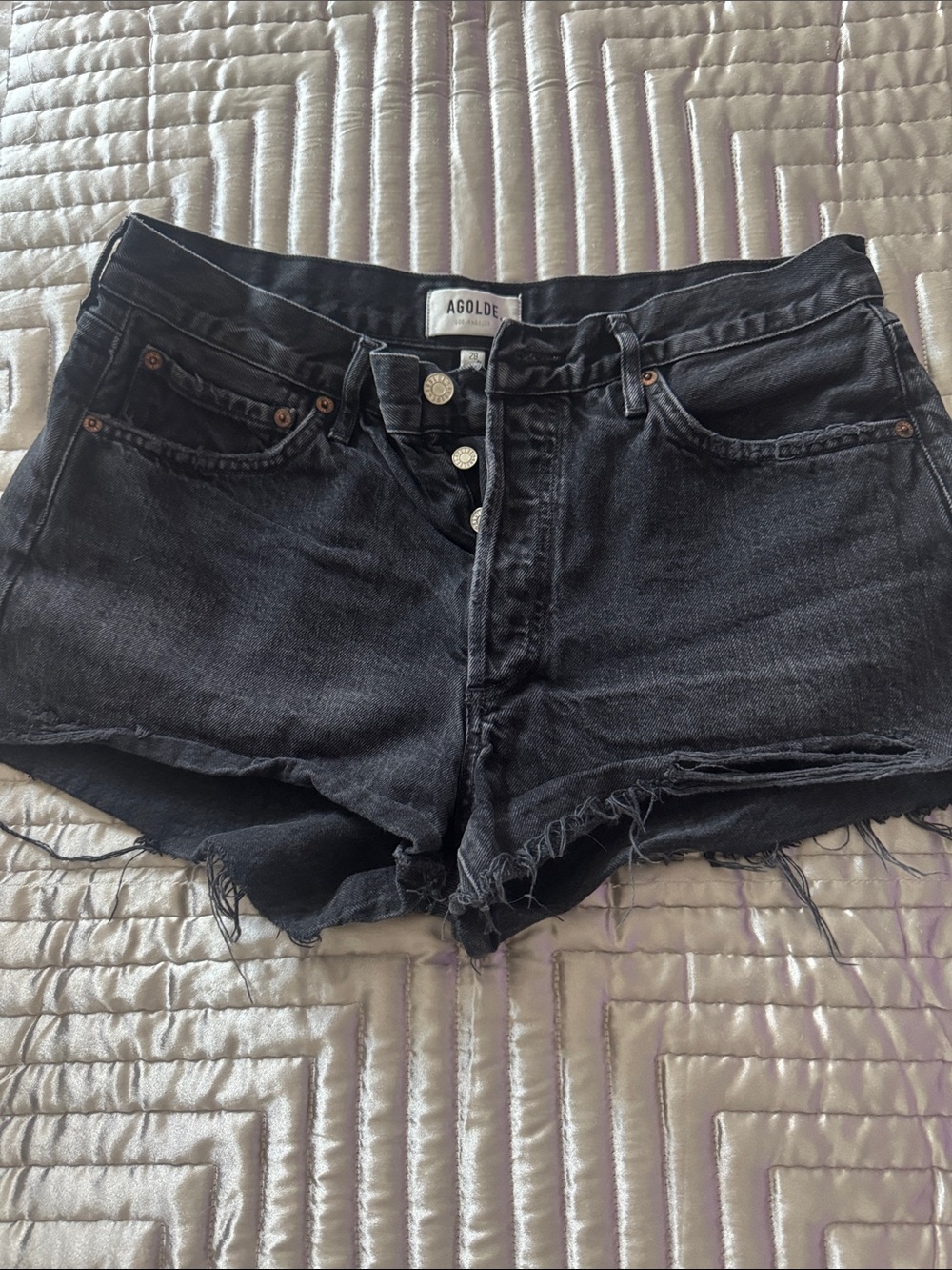 Agolde Black Distressed High-Rise Denim Shorts